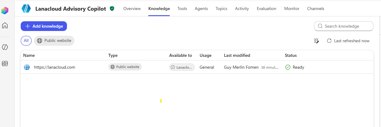 Copilot Studio Knowledge tab showing lanacloud.com added as a Public website source with status Ready